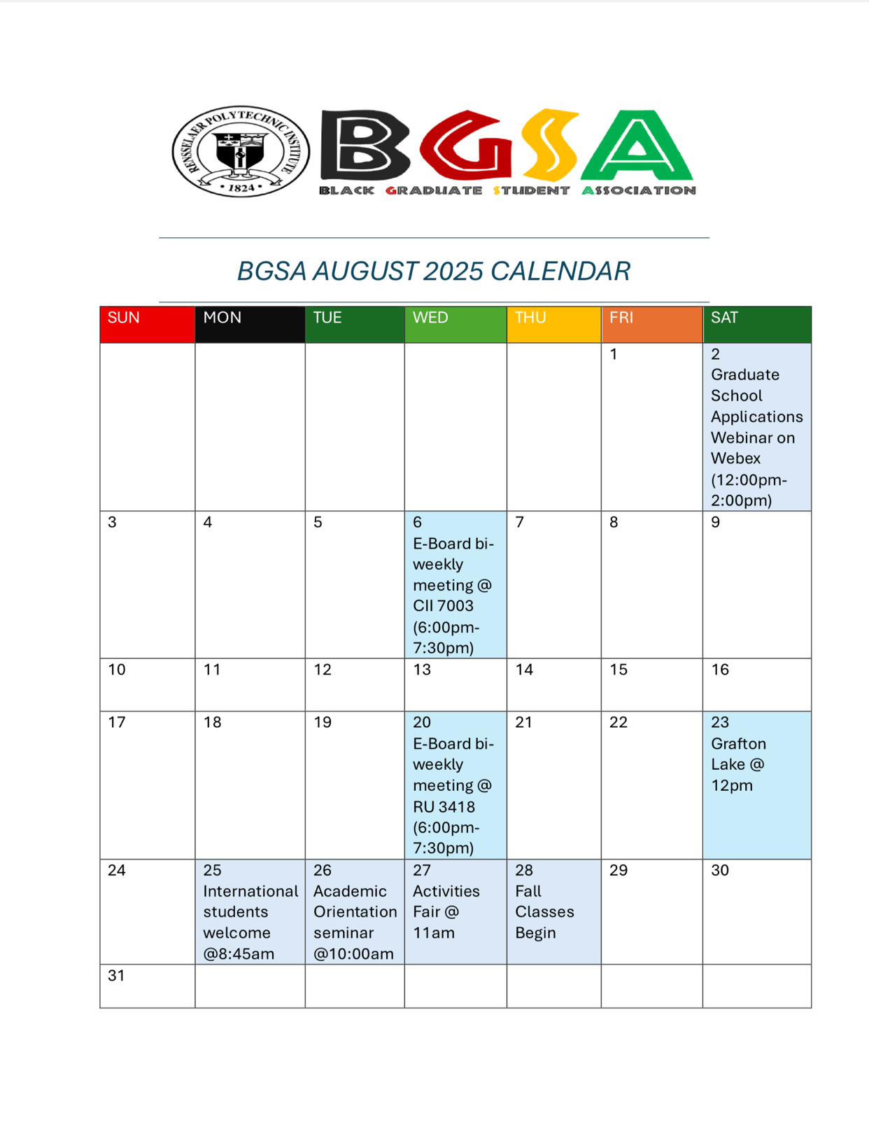 BGSA Monthly Calendar - August 2025